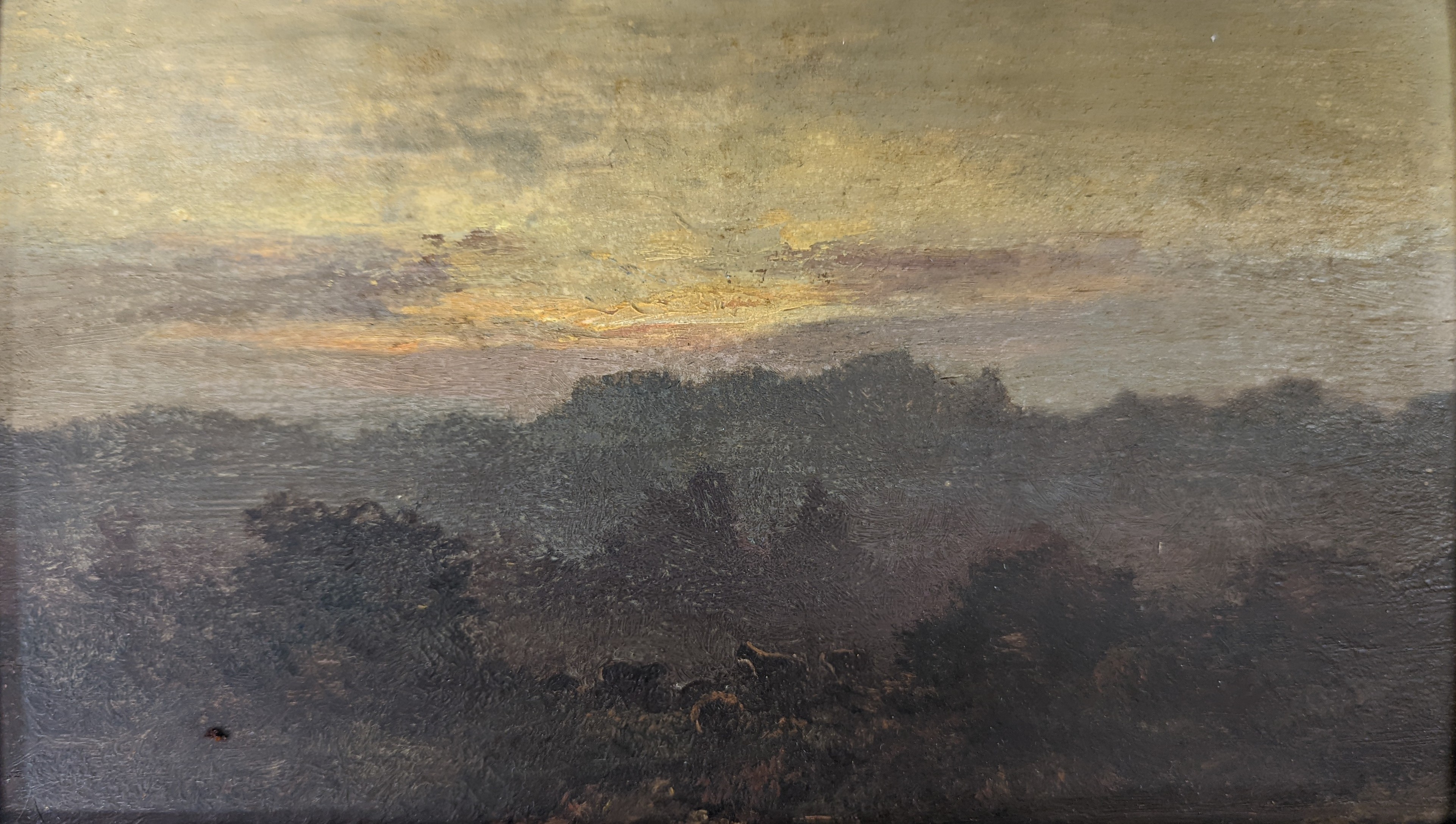 Richard Whatley West (1848-1905), oil on wooden panel, Hampstead Heath 1882, 12 x 21cm